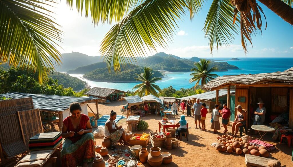 A vibrant, sun-drenched village nestled on a tropical island. In the foreground, a group of local artisans carefully crafting traditional weavings, pottery, and wooden carvings, their skilled hands preserving ancient techniques. In the middle ground, a bustling outdoor market overflows with colorful produce, handmade textiles, and lively conversation, as islanders go about their daily lives. In the background, lush, verdant hills and a shimmering azure sea frame the scene, evoking a sense of timeless, unspoiled beauty. Soft, warm lighting filters through swaying palm fronds, casting a gentle glow over the entire tableau. This is a place where the threads of culture and nature are intricately woven, a celebration of the island's enduring heritage.