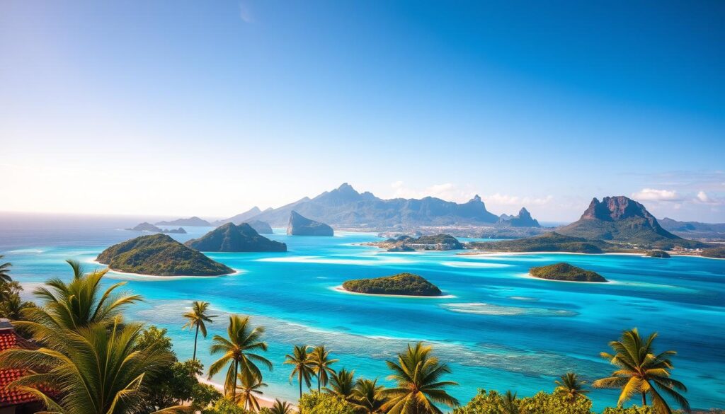 A vibrant tropical paradise, sun-dappled islands dotting the azure South Pacific waters. In the foreground, palm-fringed beaches and turquoise lagoons beckon, their crystalline waves lapping gently against white sand. Lush, verdant hills rise in the middle distance, their slopes cloaked in a verdant tapestry of dense, swaying foliage. Towering, craggy volcanic peaks pierce the horizon, their jagged silhouettes framed by a brilliant, cloudless sky. Warm, golden light filters through, casting a soft, ethereal glow over the entire scene. A sense of tranquility and adventure pervades, inviting the viewer to embark on a journey of island exploration and discovery.