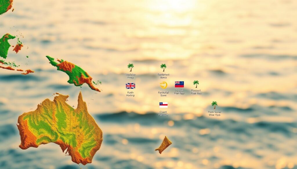A visually engaging map of the South Pacific region, showcasing the diverse visa policies of the island nations. In the foreground, a detailed geographical rendering of the islands, depicted with lush, vibrant colors and textures. In the middle ground, concise, well-designed icons and symbols representing the visa requirements for each destination, such as palm trees, passports, and country flags. The background features a softly blurred seascape, with shimmering waves and a warm, golden-hued sky, creating a sense of tropical tranquility. The overall composition strikes a balance between informative clarity and visually captivating aesthetics, effectively communicating the key visa policies across the South Pacific destinations.