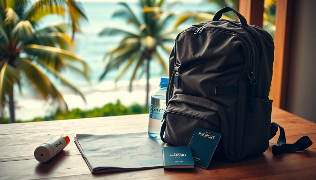 A well-equipped backpack rests on a wooden table, surrounded by travel essentials - sunscreen, a water bottle, a folded map, and a passport. Soft, warm lighting illuminates the scene, creating a cozy, adventurous atmosphere. In the background, a lush, tropical landscape with swaying palm trees and a glimpse of the azure ocean hints at the Samoan paradise awaiting the solo traveler. The arrangement conveys a sense of thoughtful preparation, both practical and aspirational, for an immersive journey through the islands.