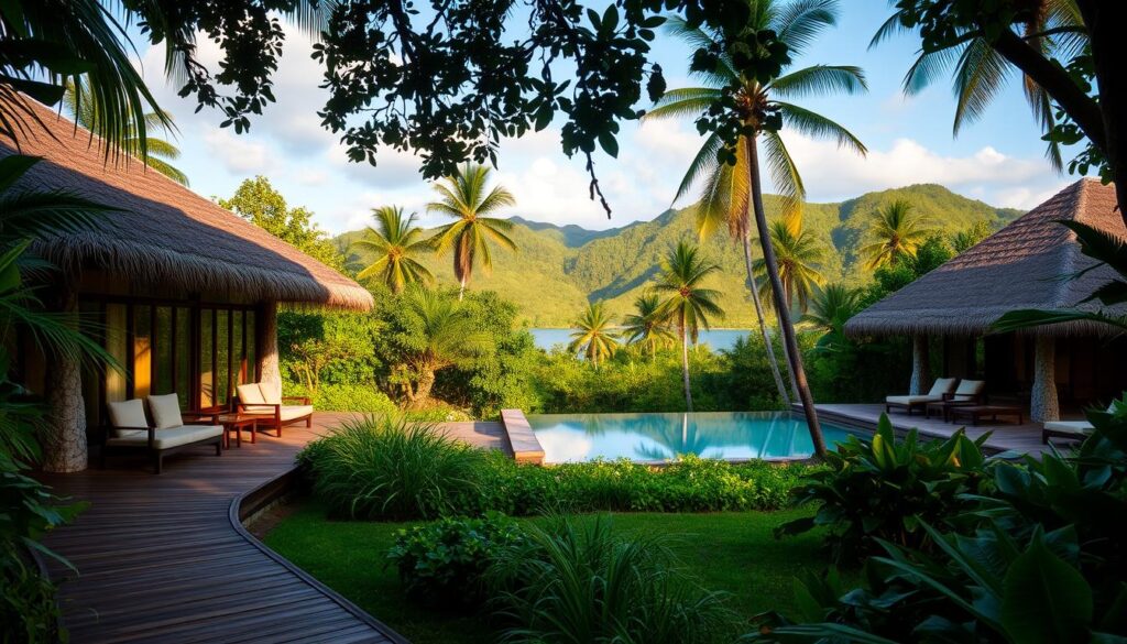 An eco-friendly lodge nestled amidst lush tropical foliage, its thatched-roof bungalows and open-air design seamlessly blending with the surrounding Vanuatu landscape. Soft, natural lighting filters through large windows, casting a warm, inviting glow. In the foreground, a wooden pathway leads to the main building, its façade adorned with local materials and traditional Melanesian motifs. In the middle ground, a tranquil infinity pool reflects the verdant, palm-fringed hills in the distance. The overall atmosphere evokes a sense of harmony, sustainability, and immersion in the island's pristine natural environment.