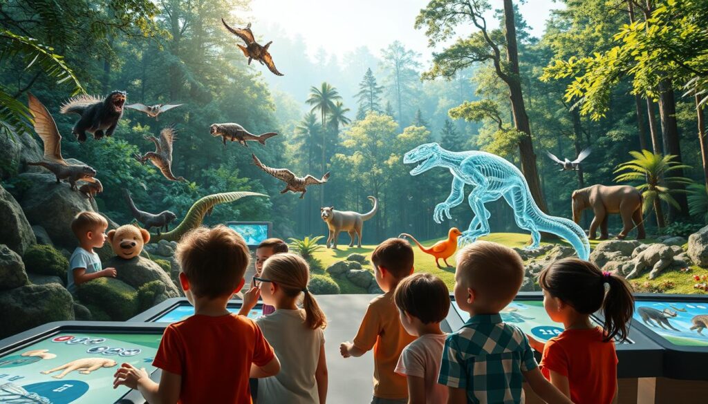 An educational landscape showcasing a vibrant Wild Kratts-themed gaming experience. In the foreground, a group of children enthusiastically engage with interactive touchscreens, exploring the diverse habitats and animals of the natural world. The middle ground features larger-than-life holographic displays of various creatures, their movements and behaviors captured in stunning detail. In the background, a serene forest backdrop sets the stage, with sunlight filtering through the lush foliage and creating a warm, inviting atmosphere. The overall composition conveys a sense of wonder, discovery, and immersive learning, perfectly capturing the essence of the Wild Kratts games.