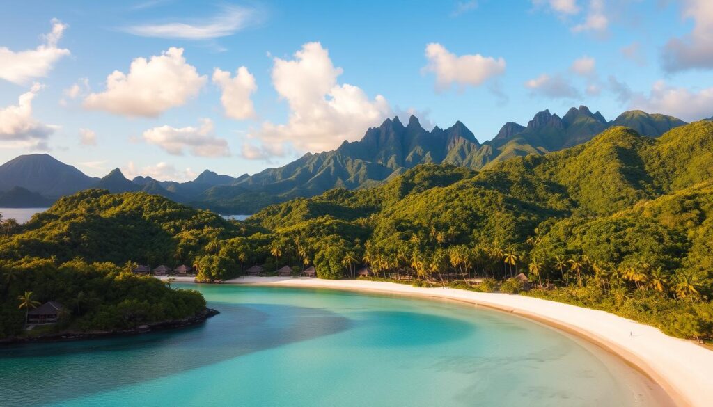 An idyllic tropical paradise, a cluster of lesser-known islands in French Polynesia, shrouded in lush foliage and surrounded by turquoise lagoons. Pristine white-sand beaches fringe verdant hills, dotted with thatched-roof bungalows and swaying palms. A warm, golden light filters through wispy clouds, casting a dreamy glow over the secluded coves and hidden coves. In the distance, rugged volcanic peaks rise majestically, their jagged silhouettes reflecting in the calm, mirror-like waters. This is a realm known only to the locals, a sanctuary of tranquility and natural wonder, untouched by the crowds and preserved in its timeless, unspoiled beauty.