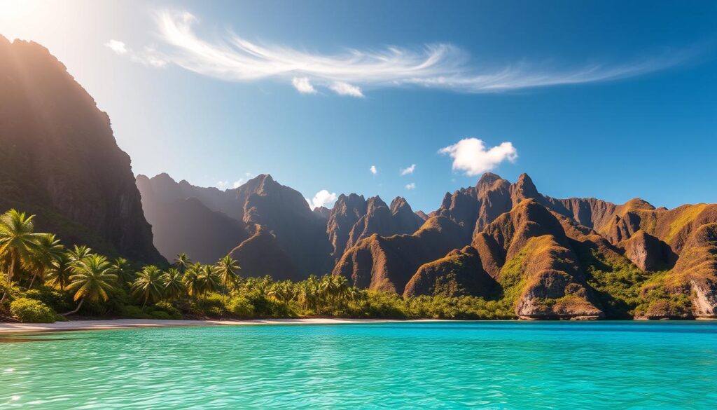 Anaho Bay, a breathtaking gem nestled in the lush, verdant hills of Nuku Hiva, French Polynesia. In the foreground, crystal-clear turquoise waters caress the pristine white sand beach, framed by towering, jagged cliffs that cast dramatic shadows. Swaying palm trees and vibrant tropical foliage line the shore, creating a lush, otherworldly atmosphere. In the middle ground, rugged, volcanic peaks rise majestically, their slopes cloaked in rich, verdant foliage. The scene is bathed in warm, golden sunlight, casting a serene, tranquil glow over the entire landscape. Wispy, ethereal clouds drift lazily across the deep blue sky, completing the picture-perfect, postcard-worthy scene.