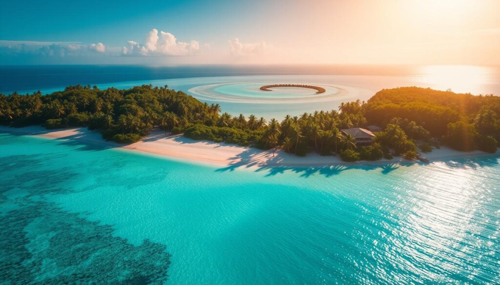 Breathtaking aerial view of the Tikehau Atoll, a lush, serene paradise in the heart of French Polynesia. The crystal-clear turquoise waters gently lap against the soft, white sand beaches, framed by swaying palm trees and lush, verdant foliage. Sunlight streams in from a warm, hazy sky, casting a golden glow over the tranquil scene. In the distance, the atoll's iconic ring-shaped coral reef creates a natural barrier, protecting the idyllic lagoon within. Capture the essence of this tropical oasis, a true gem of the South Pacific, ready to be explored and experienced.