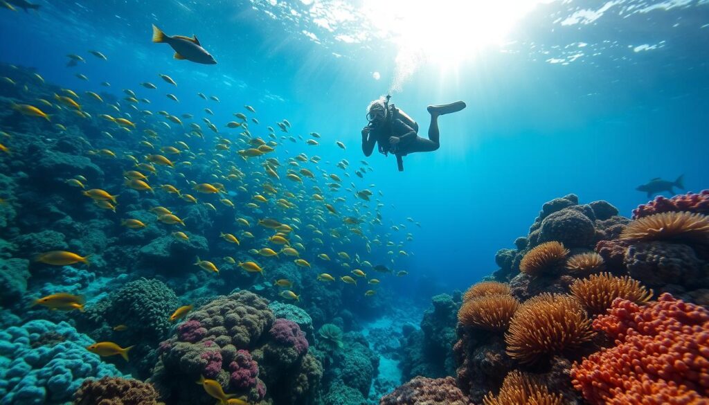 Coral diving in a lush underwater seascape of New Caledonia. In the foreground, a diver gracefully explores a vibrant coral reef, surrounded by schools of tropical fish in shimmering hues of blue, yellow, and red. The middle ground reveals a diverse array of marine life, from anemones and sponges to stingrays and sea turtles, creating a captivating symphony of movement and color. In the background, sunlight filters through the crystal-clear waters, casting a warm, ethereal glow and illuminating the intricate structures of the coral formations. The scene exudes a sense of tranquility and wonder, immersing the viewer in the enchanting underwater world of this South Pacific paradise.