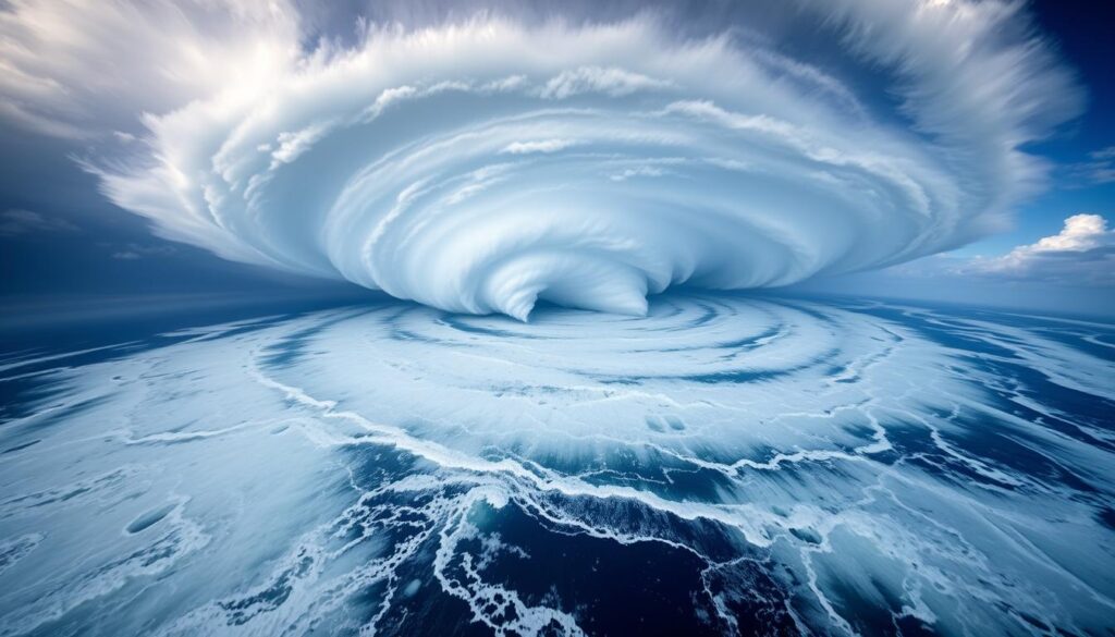 Dramatic view of a powerful South Pacific cyclone swirling over open ocean, viewed from above with a wide-angle lens. The storm system fills the frame, its spiraling cloud bands and towering cumulonimbus clouds illuminated by dramatic, low-angle lighting. The sea below is churned into a frothing, turbulent mass, hinting at the intense winds and waves raging beneath the storm. The overall mood is one of awe and foreboding, conveying the scale and ferocity of these seasonal weather phenomena that shape the region.