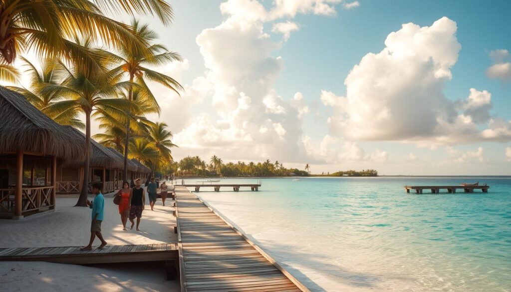 Exploring Funafuti: A serene island scene in the heart of Tuvalu's capital. Thatched-roof huts and palm trees line the pristine white-sand beaches, framed by the turquoise waters of the South Pacific. Locals stroll leisurely along the palm-shaded promenade, enjoying the tranquil island life. Warm, golden sunlight filters through fluffy clouds, casting a dreamy, nostalgic glow over the tranquil setting. A wooden pier stretches out into the calm lagoon, inviting visitors to take in the breathtaking views. The image captures the essence of Funafuti's laidback charm and unspoiled natural beauty, perfectly embodying the spirit of disconnection and simplicity that defines life in one of the world's least visited countries.