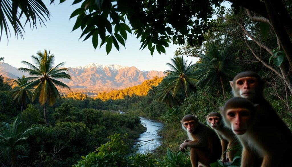 Lush, verdant landscapes teeming with diverse wildlife in a serene South Pacific setting. In the foreground, a group of curious animals - perhaps monkeys, birds, or unique marsupials - observing the viewer through the lens of a hidden wildlife photographer's camera. The middle ground features a meandering river or stream, with dense foliage and towering palm trees lining the banks. In the distance, rugged, snowcapped mountains rise majestically, bathed in warm, golden afternoon light. The atmosphere is one of tranquility and discovery, inviting the viewer to embark on an immersive wildlife adventure within a pristine, untouched natural paradise.