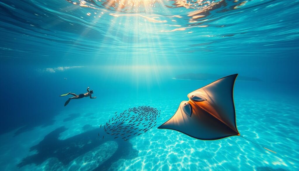 Majestic ocean scene, crystal-clear turquoise waters of the Cook Islands. In the foreground, a swimmer gracefully glides alongside a massive, elegant manta ray, its ethereal wings casting mesmerizing shadows. Shafts of golden sunlight pierce the surface, illuminating the vibrant marine life. In the middle ground, a school of smaller fish dart about, creating a captivating dance. The distant horizon is dotted with lush, verdant islands, their silhouettes framing the tranquil, serene setting. A sense of peaceful wonder and profound connection with nature pervades the scene, capturing the essence of a magical encounter with these magnificent creatures.