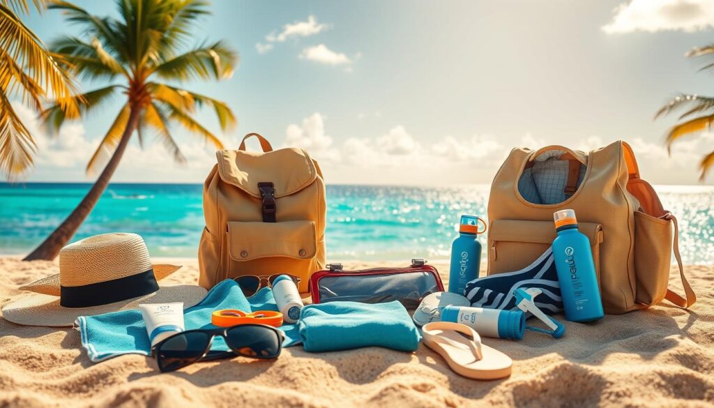 Neatly arranged assortment of essential island hopping items on a sandy beach, bathed in warm golden sunlight. Foreground showcases a collection of travel essentials: sun hat, sunglasses, sunscreen, beach towel, flip-flops, and a waterproof pouch. Middle ground features a stylish canvas backpack, swimwear, and a reusable water bottle. Background displays a tranquil tropical landscape with swaying palm trees, a shimmering turquoise ocean, and a cloudless azure sky. Cinematic, serene, and evocative of the laidback South Pacific island-hopping experience.