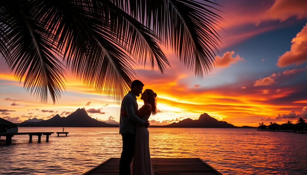 Romantic sunset over the tranquil lagoon of Bora Bora, with a couple embracing on a wooden dock. Warm golden light filters through swaying palm fronds, casting a soft glow on the couple's faces. In the distance, majestic volcanic peaks are silhouetted against the vibrant, fiery sky. The couple's silhouettes are captured in a tender moment, their shadows elongated by the setting sun. The scene evokes a sense of intimacy, serenity, and the timeless beauty of Bora Bora's legendary sunsets.