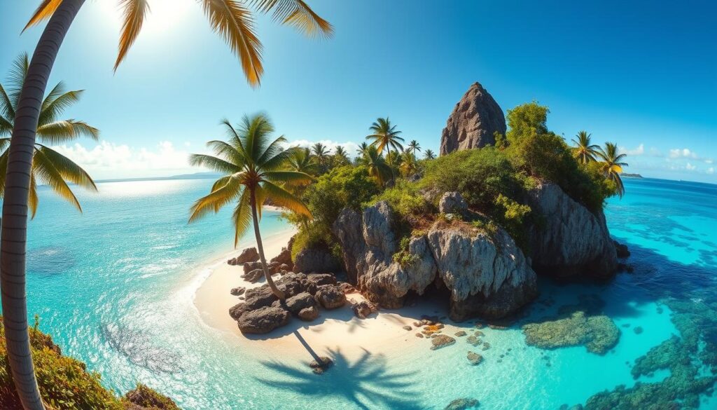 Serene azure waters gently lapping against pristine white sand beaches, lush tropical foliage swaying in the breeze, and vibrant coral reefs teeming with diverse marine life - a captivating panorama of the Solomon Islands' untouched natural beauty. Towering palm trees frame the scene, casting soft, warm shadows over the landscape. Dramatic rocky outcroppings jut out from the coast, creating a breathtaking interplay of land and sea. The sun's golden rays illuminate the entire tableau, infusing it with a sense of tranquility and wonder. Wide-angle lens captures the scenic grandeur, inviting the viewer to immerse themselves in this unspoiled island paradise.