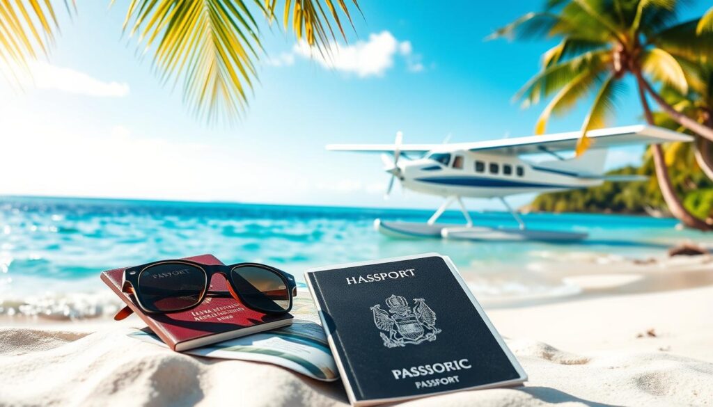 Tropical island paradise, crystal clear azure waters lapping against pristine white sand beaches. In the foreground, a tidy pile of travel essentials - passport, sunglasses, and a map of the South Pacific archipelago. Midground, a seaplane taking off, conveying the sense of island hopping adventure. In the background, lush, verdant palm trees swaying gently in the ocean breeze, hinting at the natural wonders that await the intrepid traveler. Bright, diffused sunlight bathes the scene, creating a tranquil, idyllic atmosphere. Evocative of the laidback, carefree spirit of island life, this image encapsulates the essential travel logistics for an unforgettable South Pacific island hopping experience.