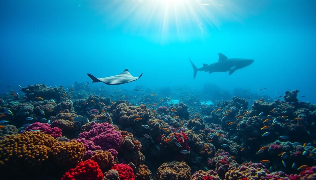Underwater seascape showcasing the diverse marine life of Papua New Guinea's premier dive spots. A vibrant coral reef teeming with schools of tropical fish in the foreground, illuminated by shafts of warm sunlight piercing the crystalline waters. In the middle ground, a large, majestic manta ray glides effortlessly, while in the distance, a shadowy silhouette of a whale shark slowly approaches. The scene is captured with a wide-angle lens, providing a sense of depth and grandeur, perfectly encapsulating the thrill and wonder of diving in this remote, untouched corner of the South Pacific.