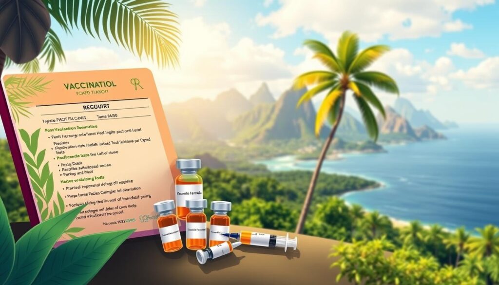 a detailed digital illustration of the essential vaccination requirements for travel to the south pacific islands. the foreground features a stylized passport with a tropical leaf motif, open to display a list of required vaccines and documentation. the middle ground showcases a collection of vaccine vials and syringes in a warm, natural light. the background depicts a panoramic view of a lush, verdant pacific landscape with palm trees, mountains, and a serene ocean horizon. the overall tone is informative yet visually captivating, conveying the importance of travel health preparation for this idyllic yet remote destination.