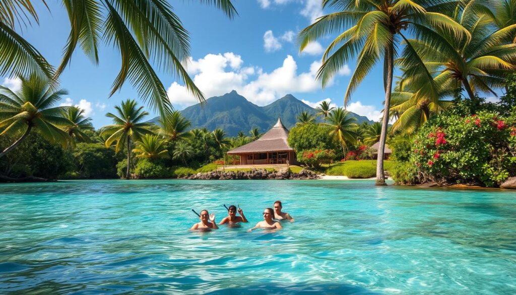 a lush tropical landscape with crystal-clear turquoise waters, palm trees swaying in the gentle breeze, and vibrant flowers blooming along the coastline of American Samoa. In the foreground, a group of people snorkeling in the shallow reef, marveling at the colorful marine life. In the middle ground, a traditional Samoan fale (house) nestled among the foliage, its thatched roof and open-air design inviting visitors to experience the local culture. In the background, majestic volcanic peaks rise up, their jagged silhouettes framing the scene. The lighting is soft and natural, capturing the warm, inviting atmosphere of this Pacific paradise. The overall mood is one of relaxation, adventure, and cultural immersion.