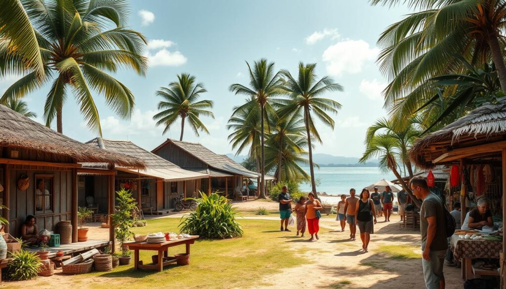a peaceful island village with thatched-roof huts and palm trees, locals engaging in traditional crafts and selling handmade goods, a small market stall showcasing local produce and seafood, a family-owned eco-lodge nestled in the lush foliage, tourists exploring the island on foot and interacting with the community, warm natural lighting illuminating the scene, a sense of harmony and cultural exchange between visitors and residents