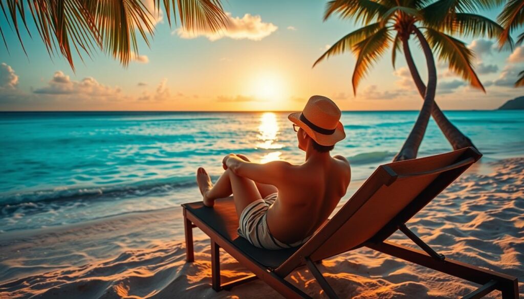 a serene tropical beach with crystal clear turquoise waters, swaying palm trees, and a breathtaking sunset in the background. in the foreground, a solo traveler is relaxing on a lounge chair, enjoying the peaceful solitude and tranquility of the scene. the lighting is warm and golden, creating a calming and rejuvenating atmosphere. the camera angle is slightly elevated, capturing the expansive vista and the traveler's sense of freedom and connection with the natural surroundings. the overall mood evokes the benefits of solo travel, such as personal growth, self-discovery, and the opportunity to fully immerse oneself in the destination.