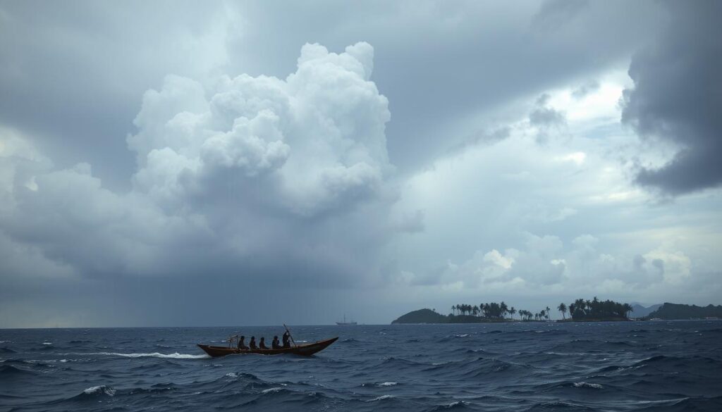 a stormy, tropical scene in the south pacific ocean during the wet season. a massive cumulonimbus cloud formation dominates the sky, casting dramatic shadows over the restless, choppy sea below. rain pours down in heavy sheets, creating a sense of dramatic, moody atmosphere. in the middle ground, a small, traditional outrigger canoe struggles against the wind and waves, its occupants bracing themselves against the elements. in the distance, palm-covered islands peek out from behind the storm, hinting at the lush, verdant landscapes that typify this region. the overall scene conveys the power and unpredictability of the south pacific's wet season, with a palpable sense of drama and energy.